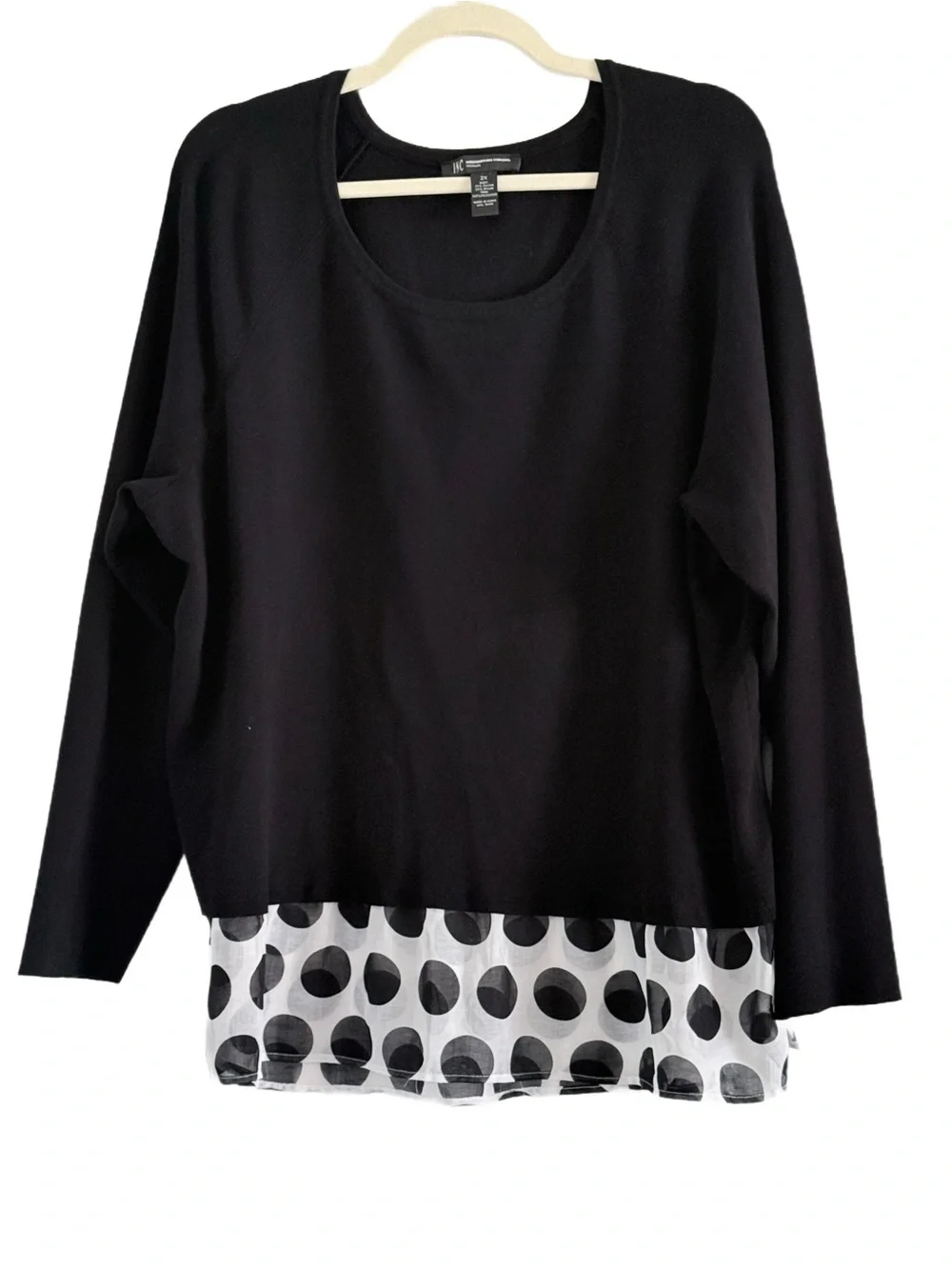 INC International Concepts Black Layered Sweater with Polka Dot Blousy Hem 2X